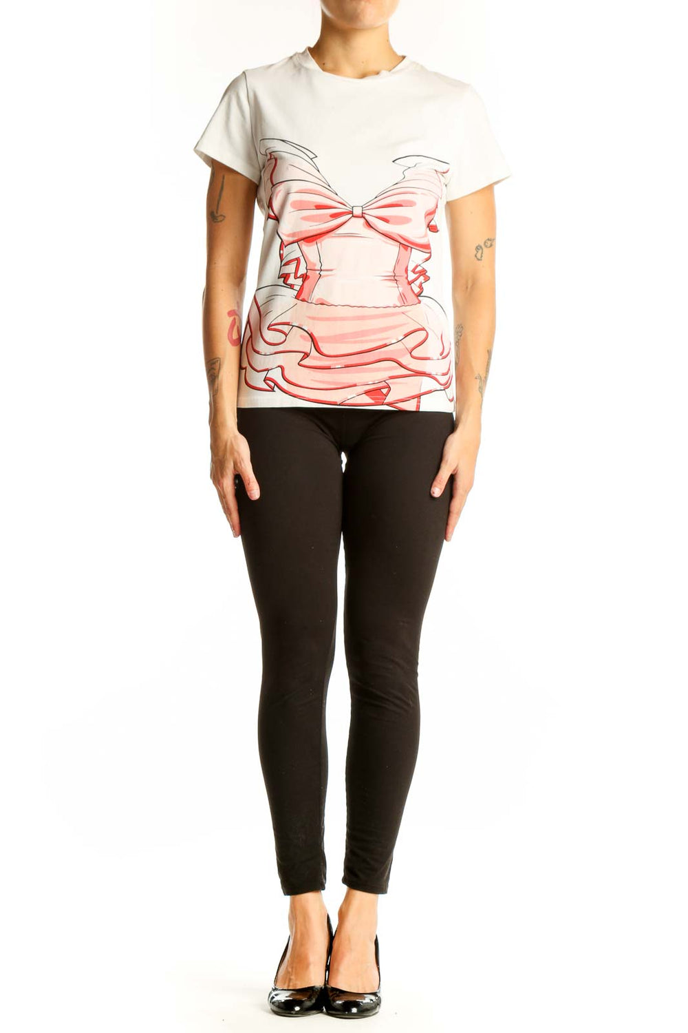 Front view of white Moschino Couture t-shirt with pink dress graphic print