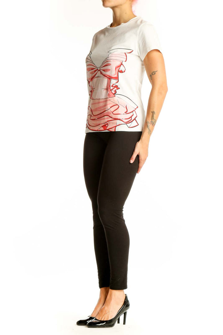 Front view of white Moschino Couture t-shirt with pink dress graphic print