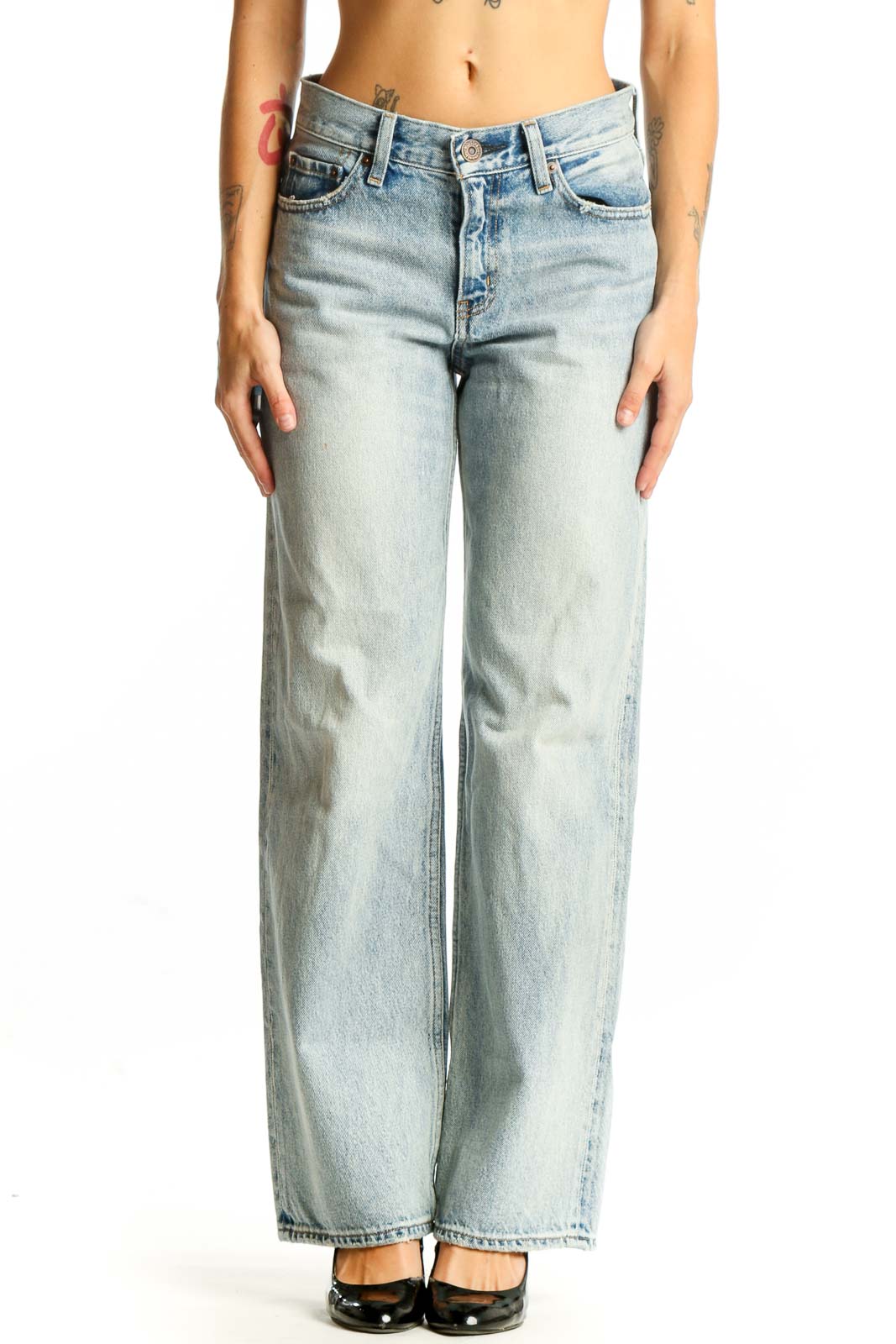 Front view of Moussy light blue wide-leg denim jeans