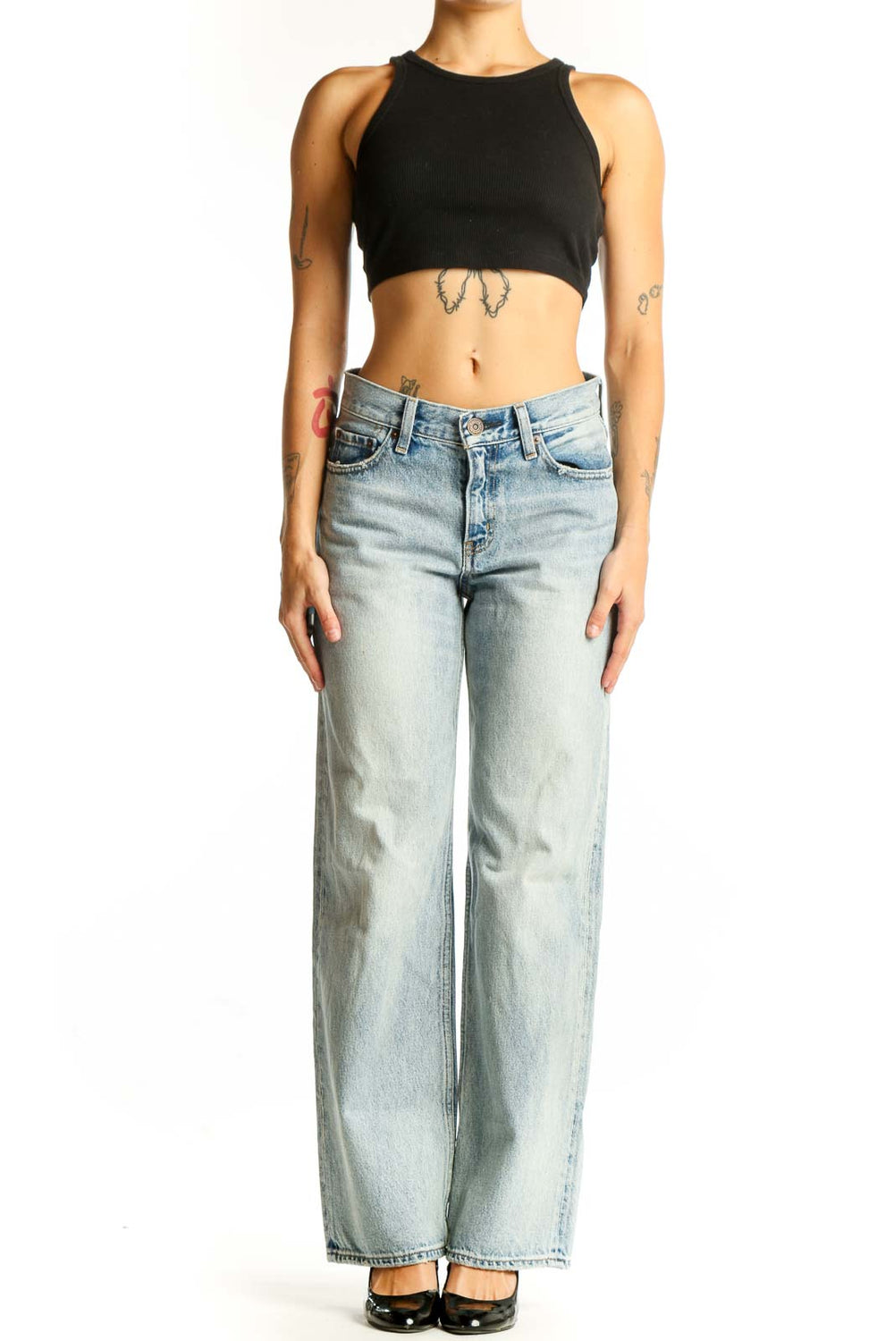 Front view of Moussy light blue wide-leg denim jeans