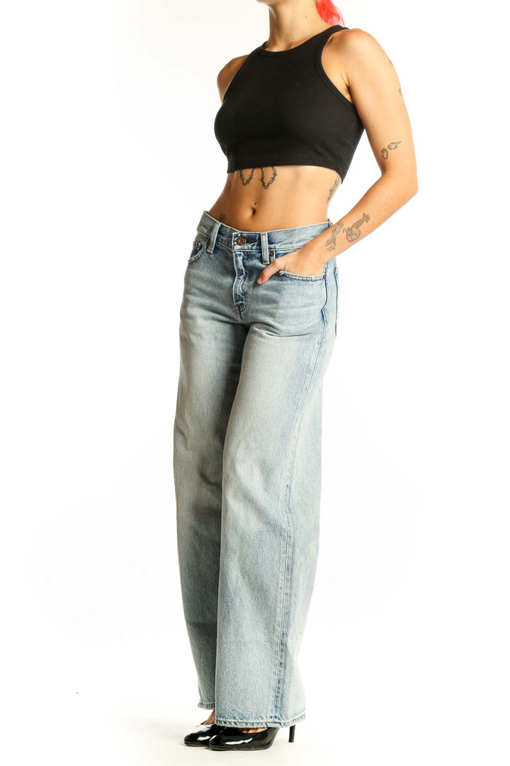 Front view of Moussy light blue wide-leg denim jeans