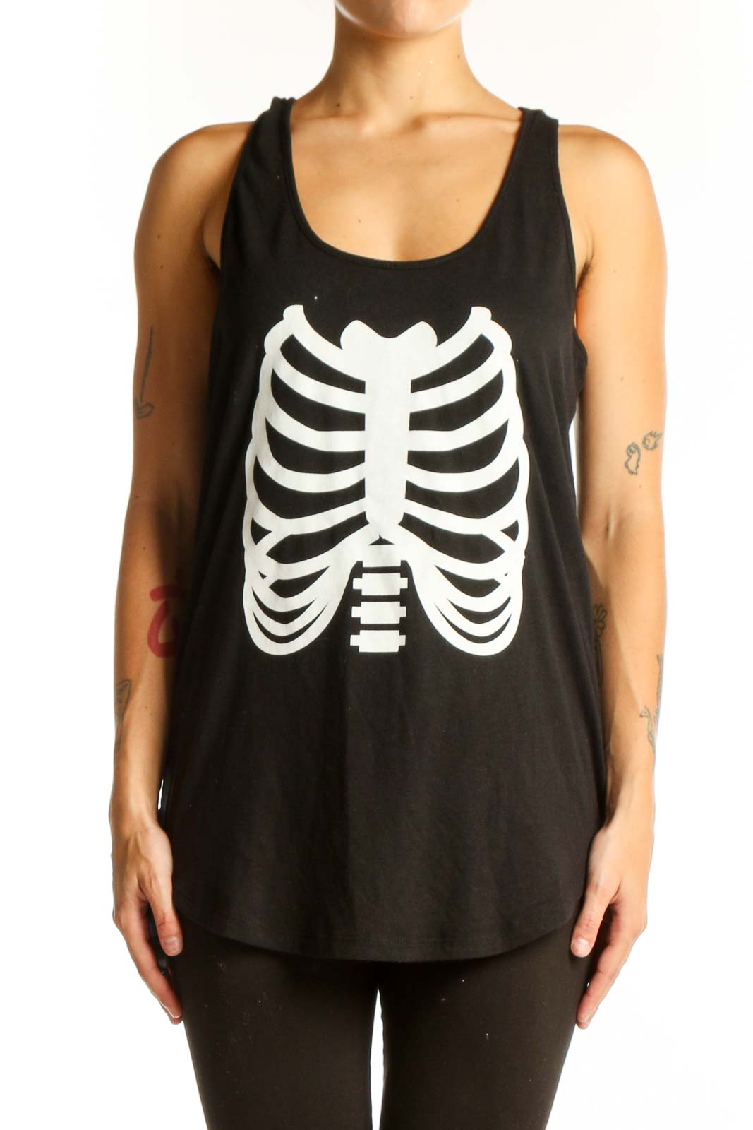 Front view of black tank top with white skeleton ribcage graphic