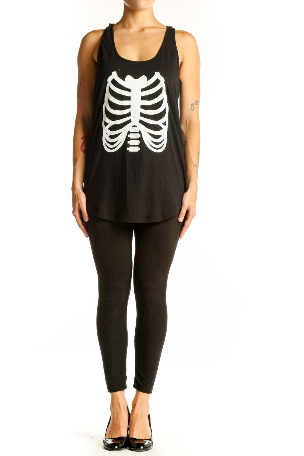 Front view of black tank top with white skeleton ribcage graphic