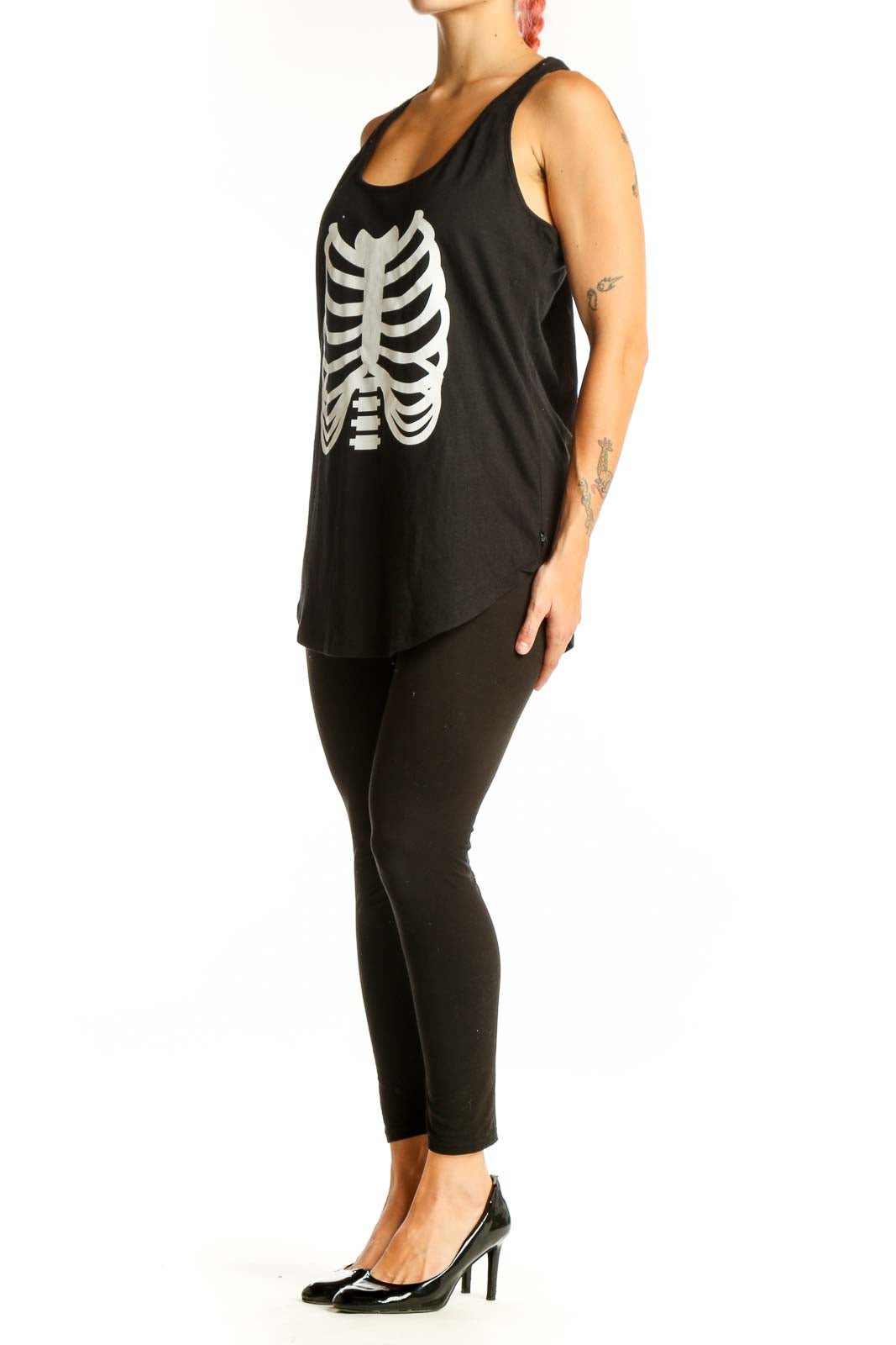 Front view of black tank top with white skeleton ribcage graphic