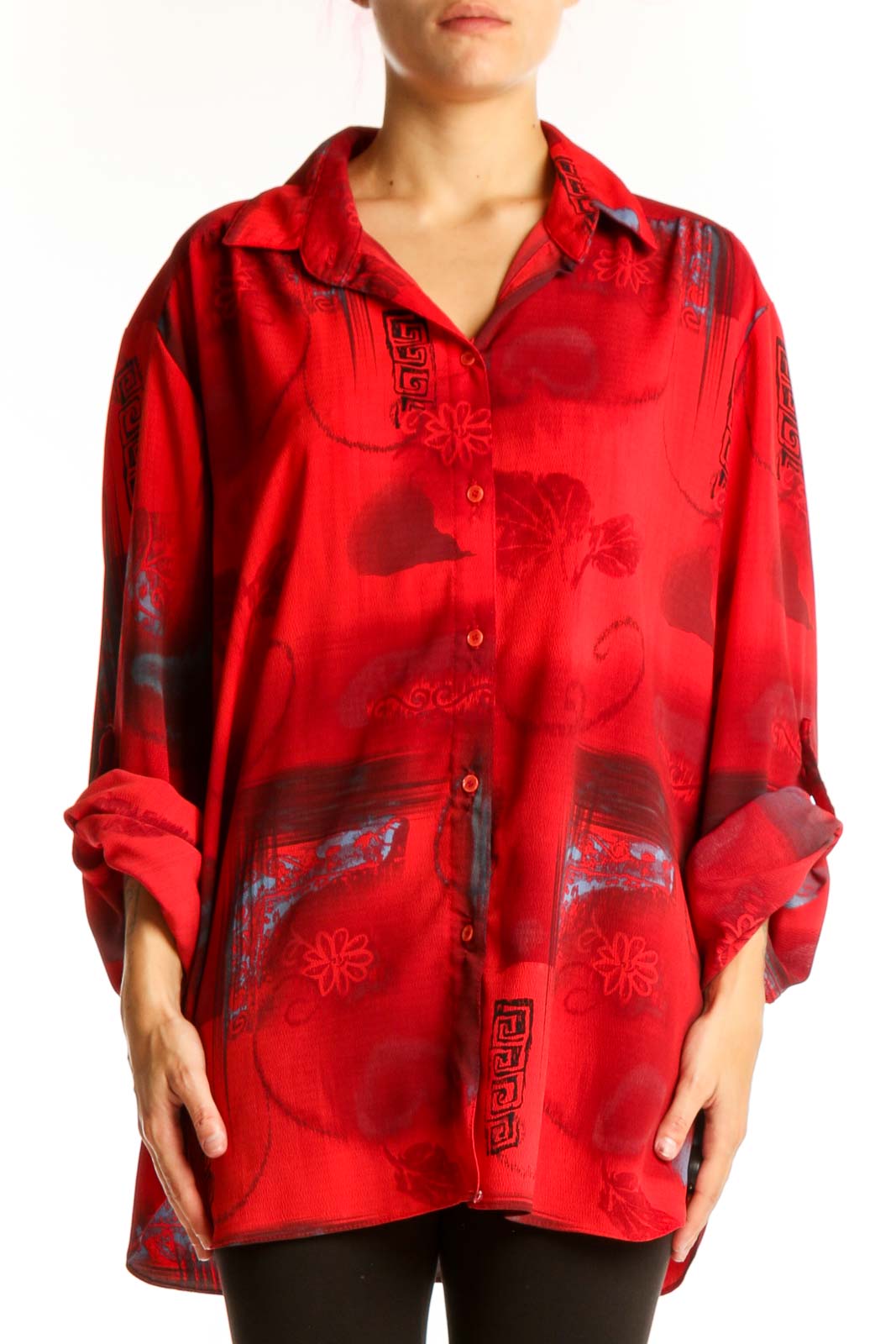 Front view of red floral print oversized button-down shirt