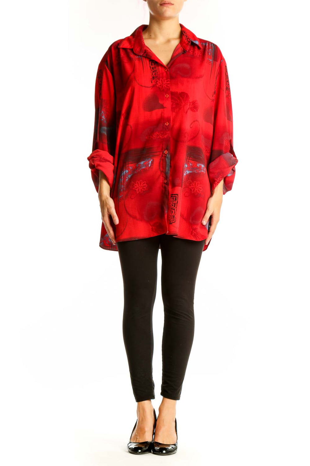 Front view of red floral print oversized button-down shirt