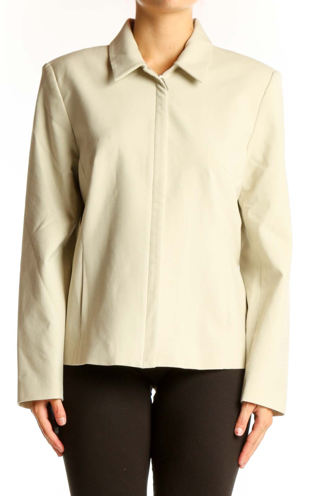 Front view of cream Kate Hill structured zip-up jacket