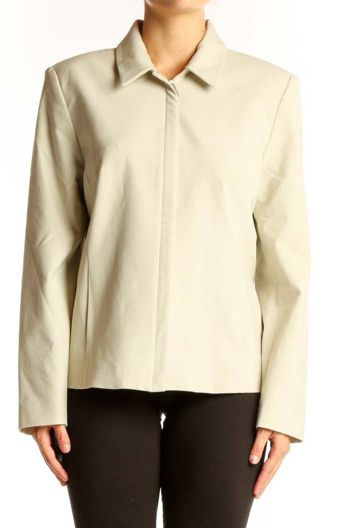 Front view of cream Kate Hill structured zip-up jacket