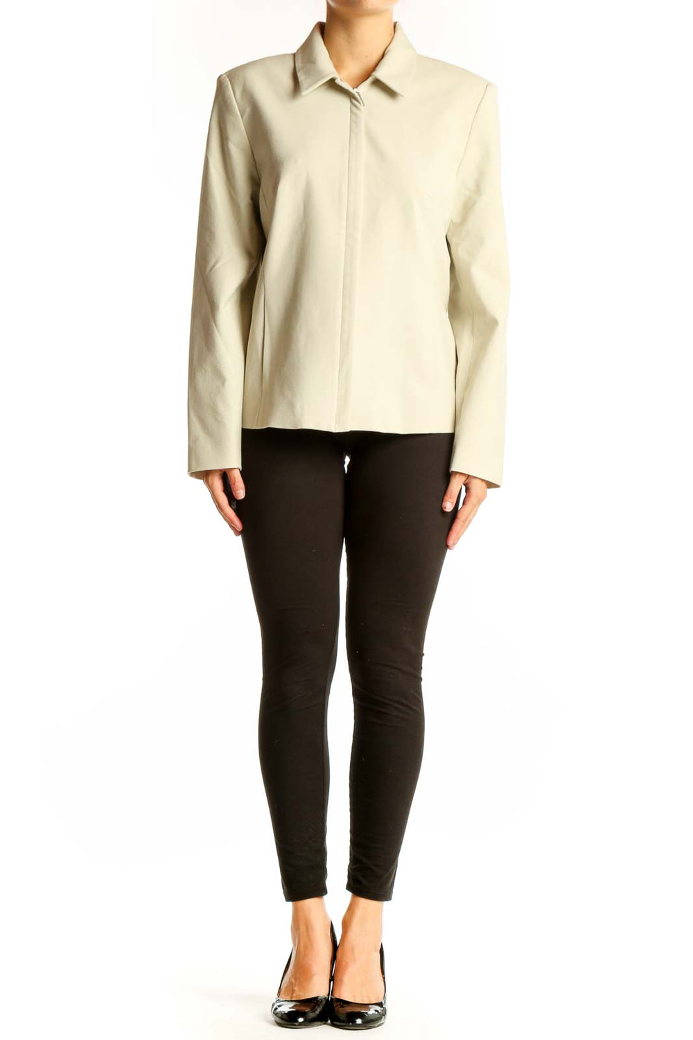 Front view of cream Kate Hill structured zip-up jacket