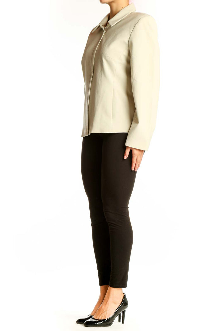 Front view of cream Kate Hill structured zip-up jacket