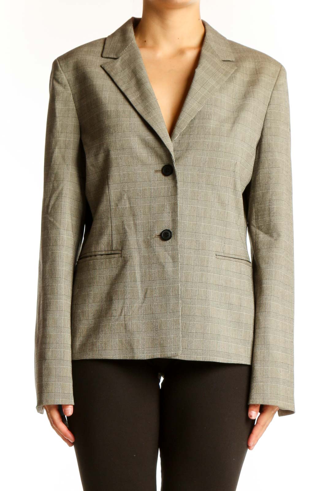 Front view of Casual Corner gray plaid blazer with notched lapels and two-button closure