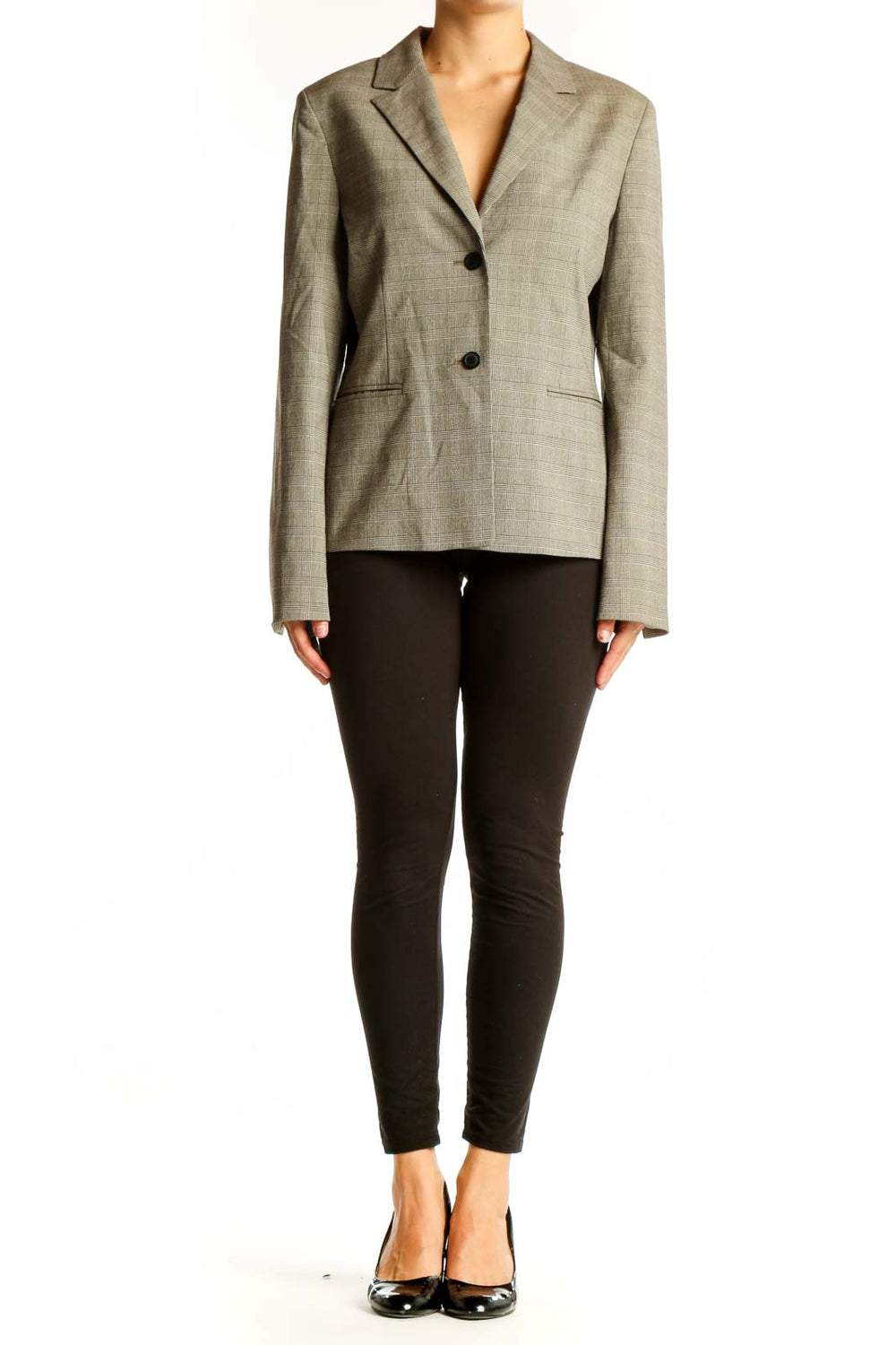 Front view of Casual Corner gray plaid blazer with notched lapels and two-button closure