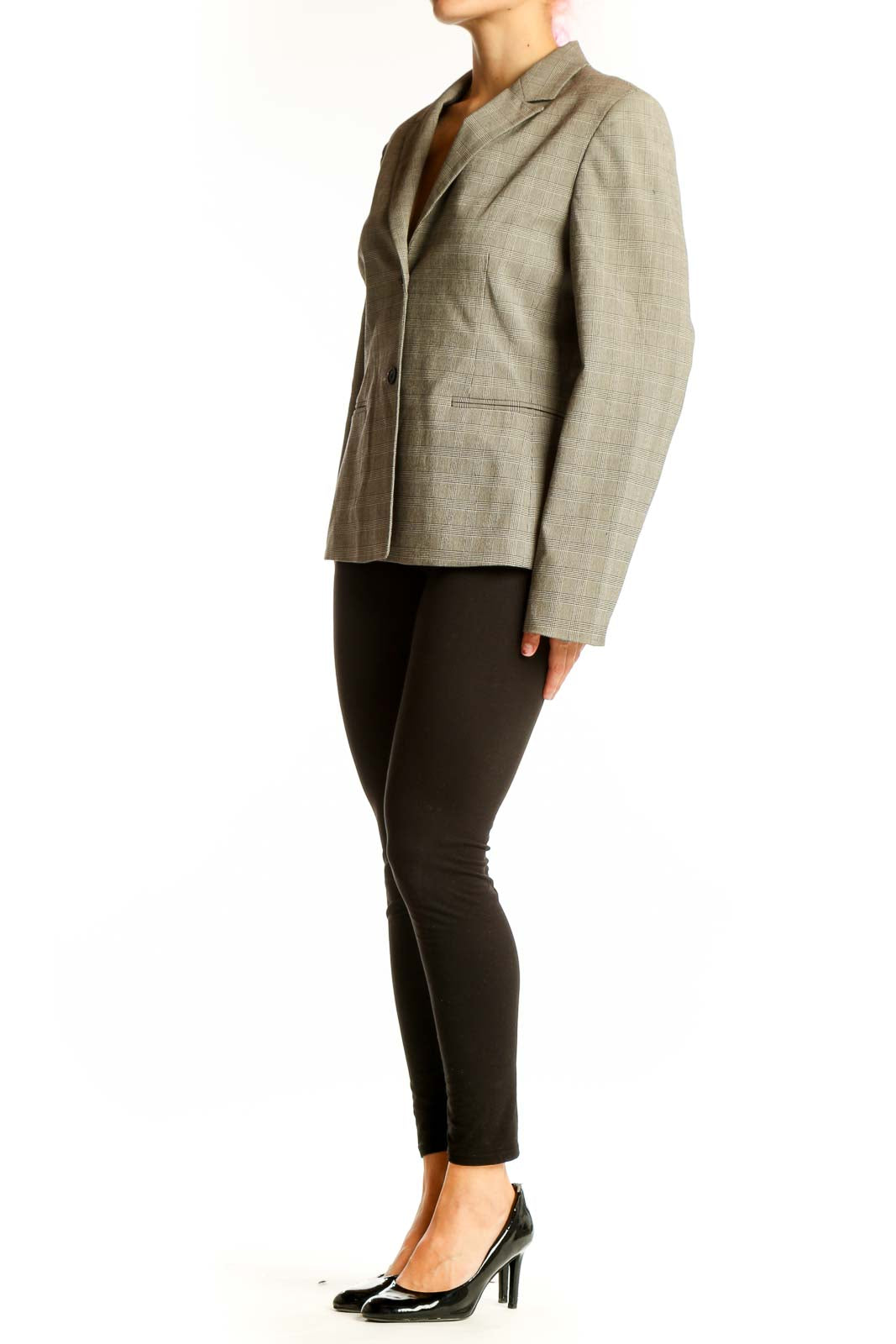 Front view of Casual Corner gray plaid blazer with notched lapels and two-button closure