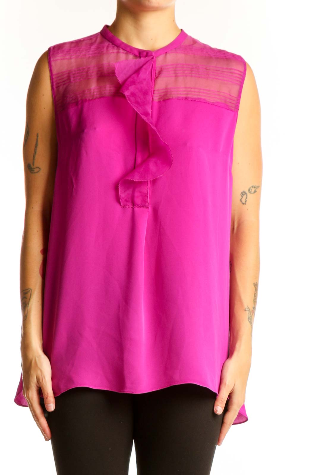 Front view of Elie Tahari fuchsia silk sleeveless blouse with ruffle detail
