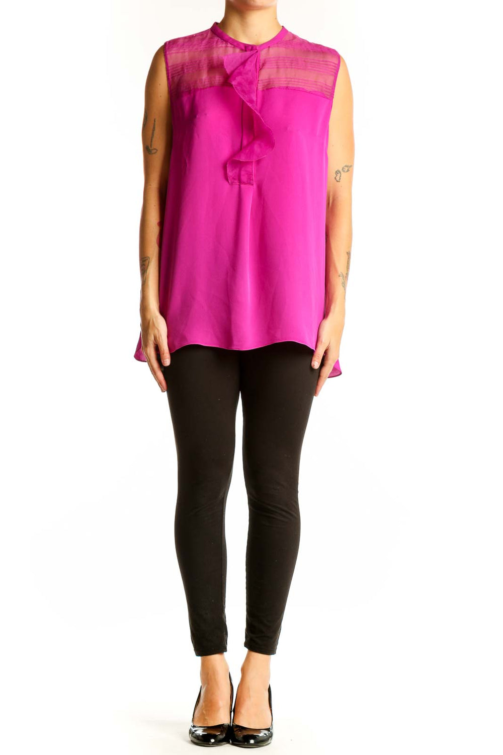 Front view of Elie Tahari fuchsia silk sleeveless blouse with ruffle detail