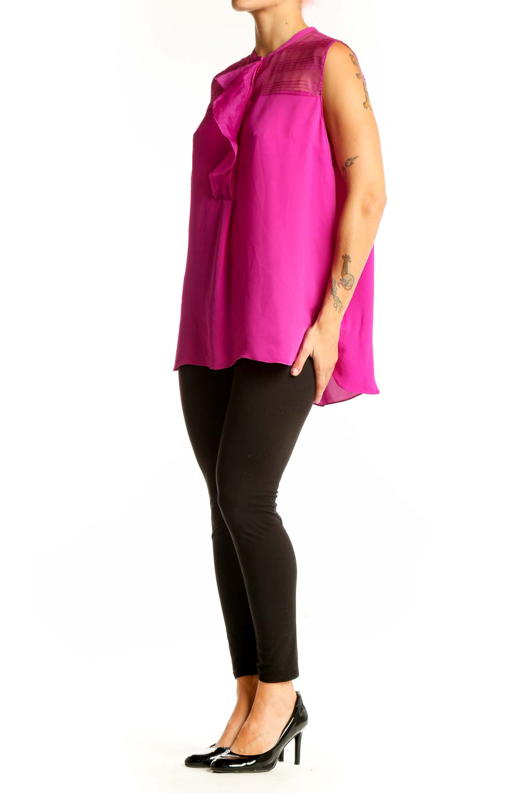 Front view of Elie Tahari fuchsia silk sleeveless blouse with ruffle detail