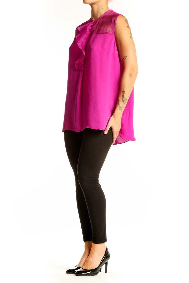 Front view of Elie Tahari fuchsia silk sleeveless blouse with ruffle detail