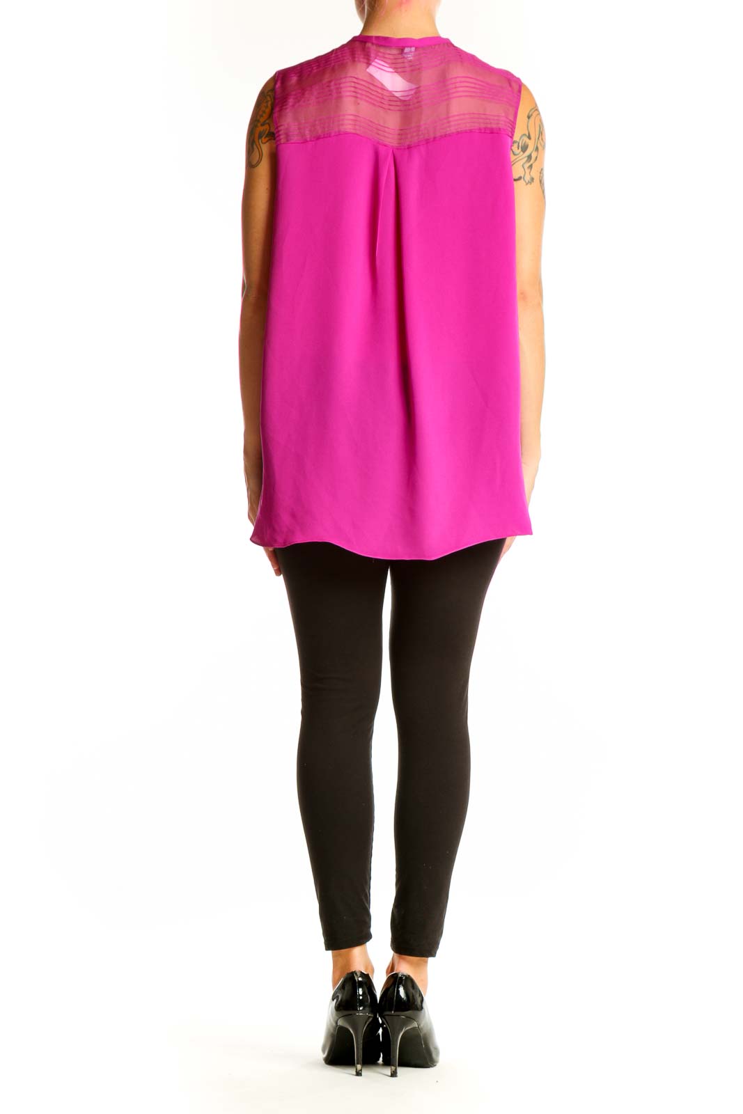 Side view of Elie Tahari fuchsia silk sleeveless blouse on model