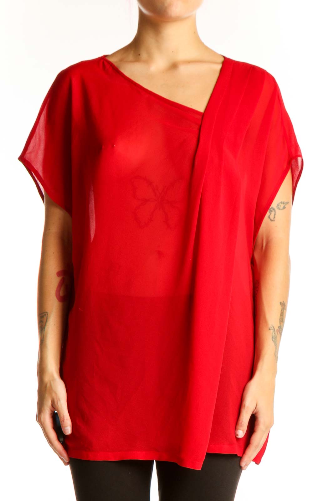 Front view of red asymmetrical pure DKNY top with draped design