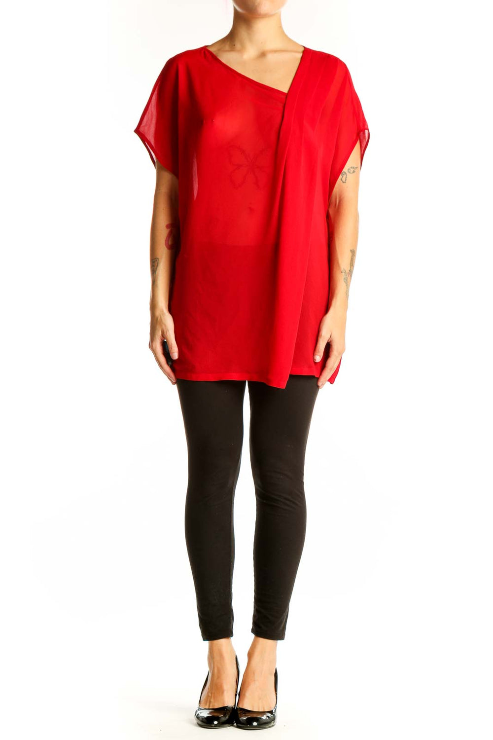 Front view of red asymmetrical pure DKNY top with draped design