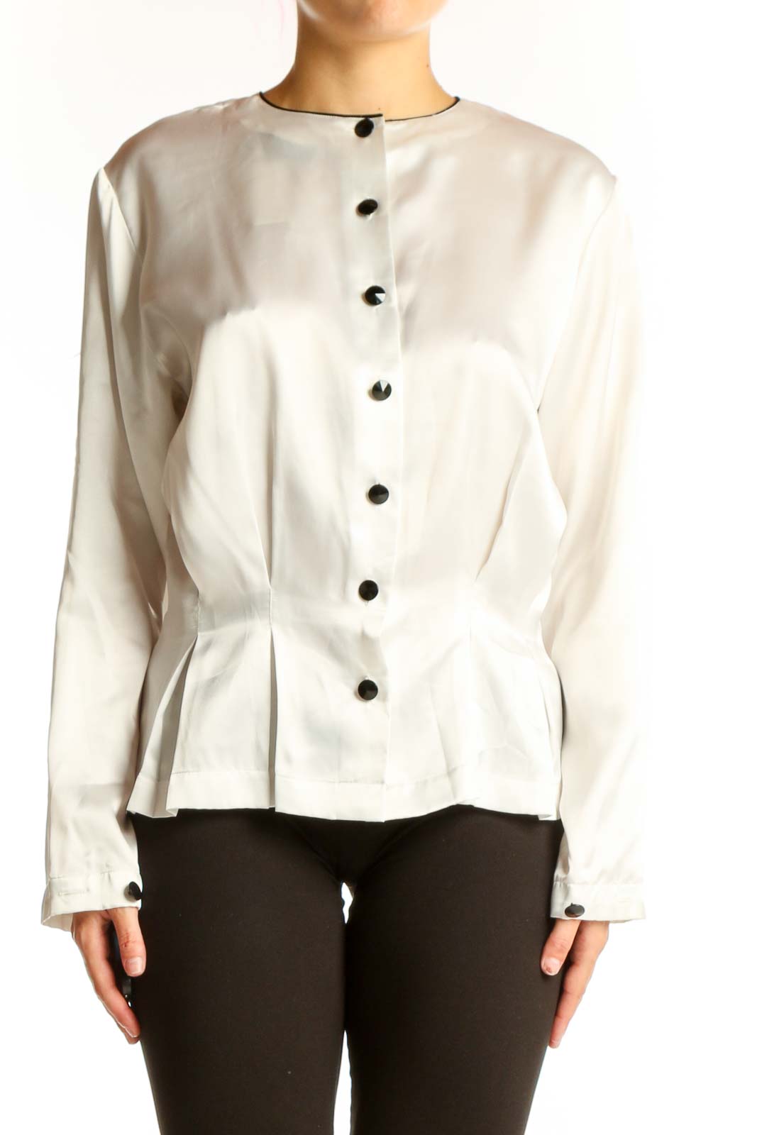Front view of white Josephine polyester blouse with button-down design and peplum waist