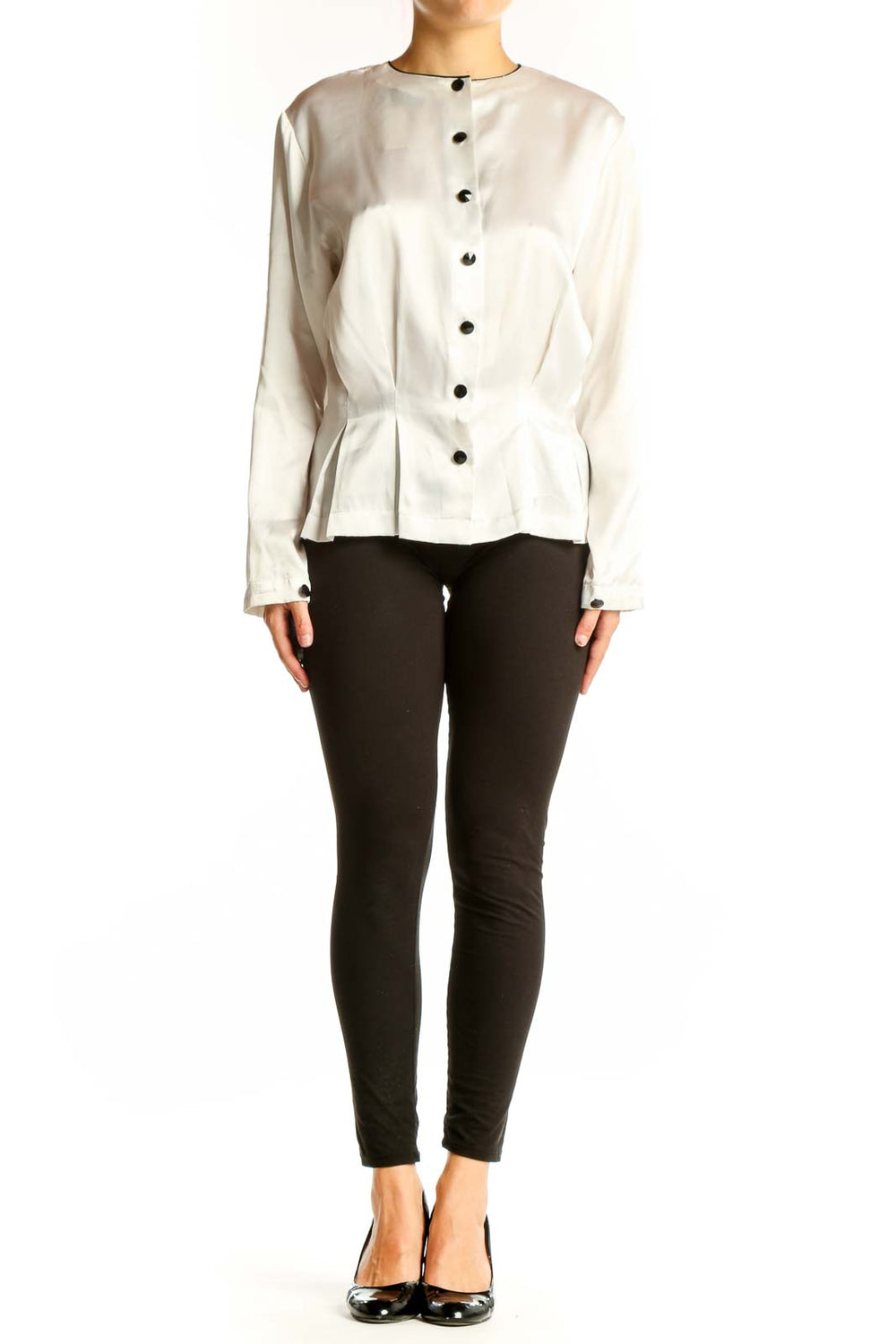 Front view of white Josephine polyester blouse with button-down design and peplum waist