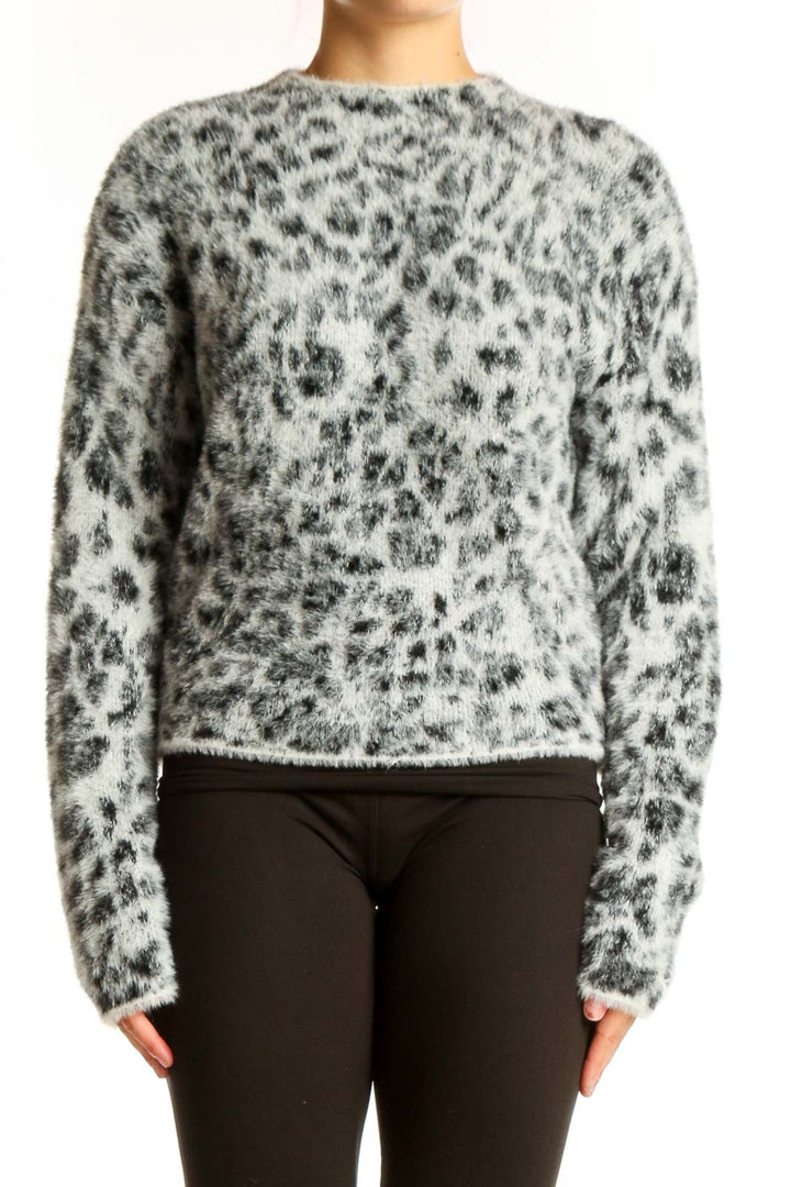 Front view of gray leopard print fuzzy knit sweater from Ann Taylor