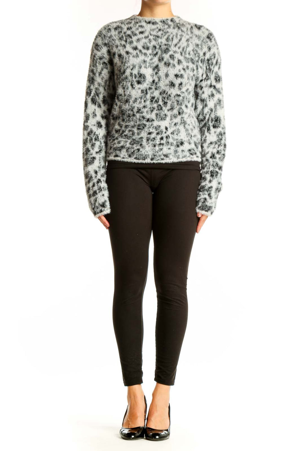 Front view of gray leopard print fuzzy knit sweater from Ann Taylor