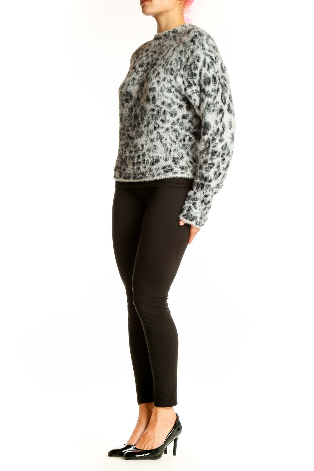 Front view of gray leopard print fuzzy knit sweater from Ann Taylor