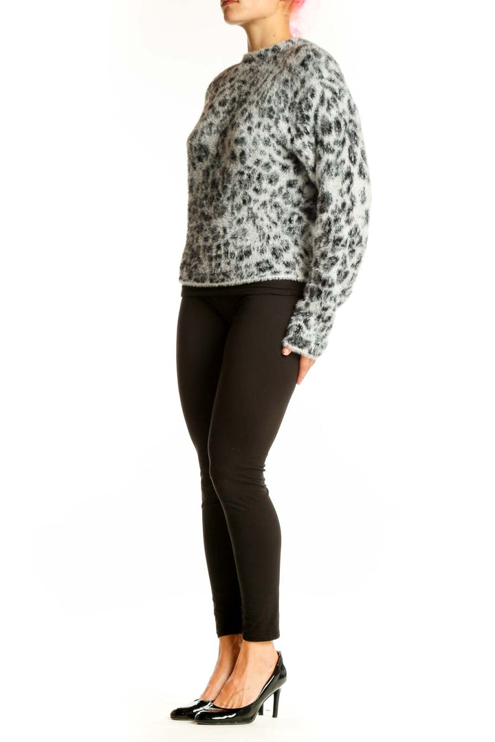 Front view of gray leopard print fuzzy knit sweater from Ann Taylor