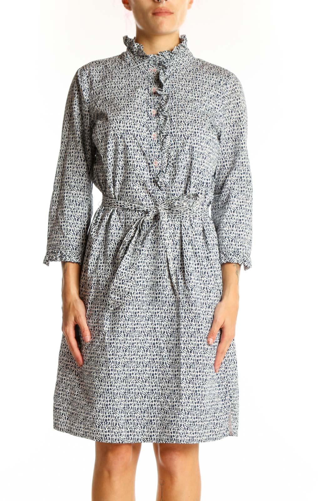 Front view of Lily Pulitzer gray patterned cotton shirt dress with ruffle collar