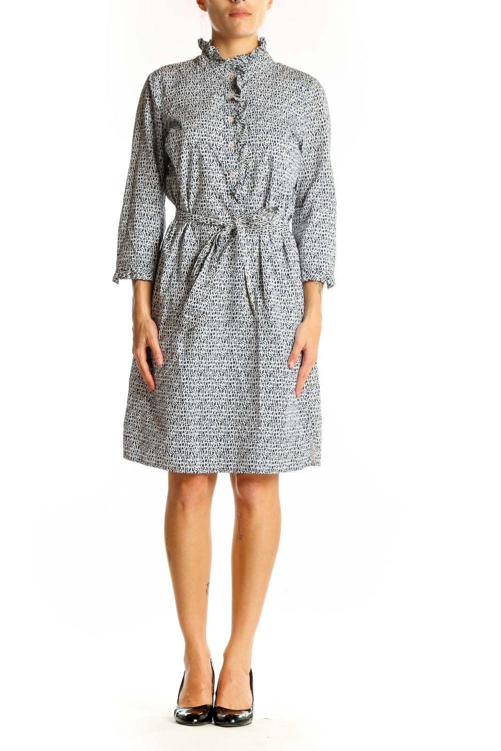 Front view of Lily Pulitzer gray patterned cotton shirt dress with ruffle collar