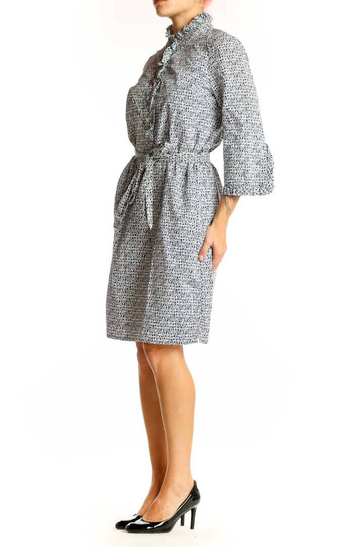 Front view of Lily Pulitzer gray patterned cotton shirt dress with ruffle collar