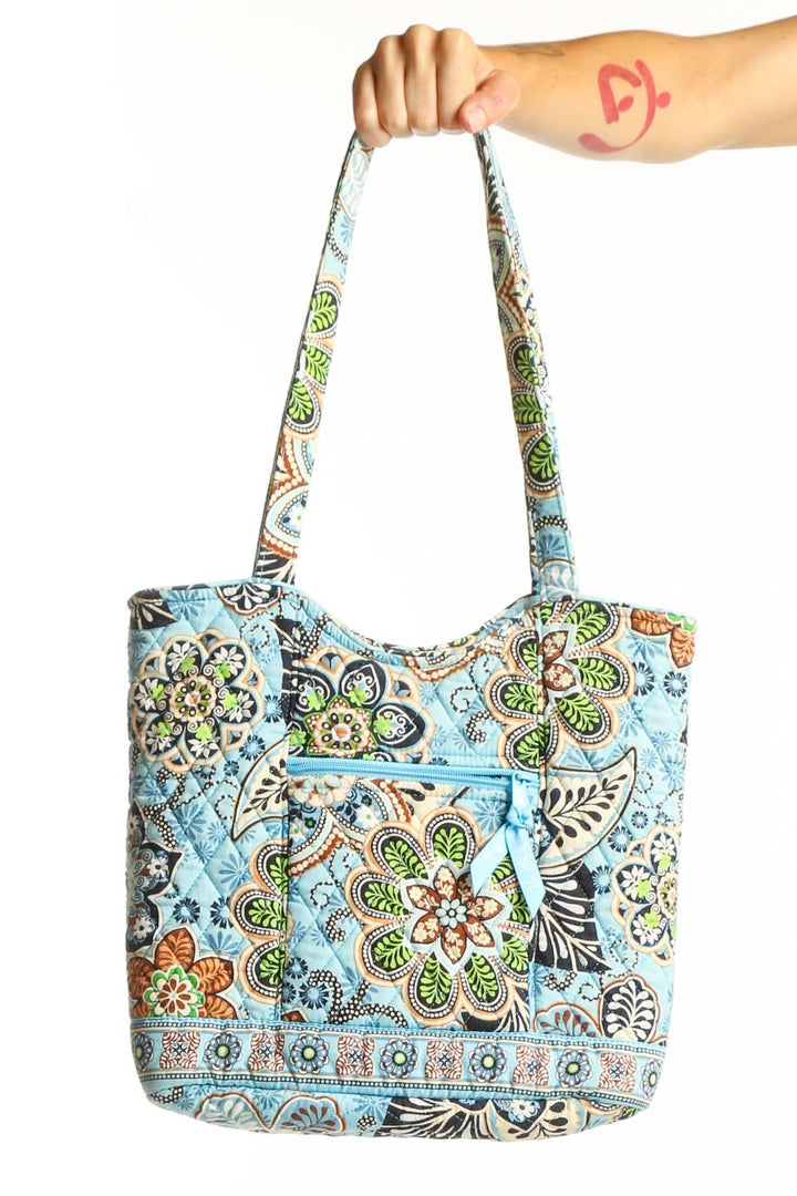 Front view of Vera Bradley Blue Floral Quilted Tote Bag with long straps