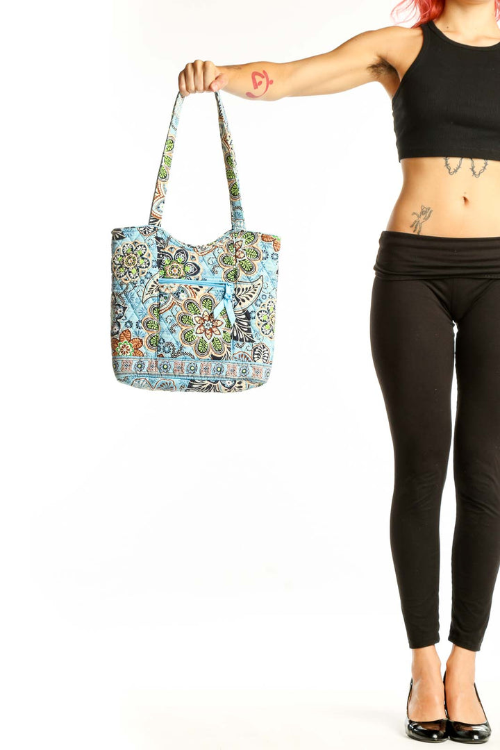 Front view of Vera Bradley Blue Floral Quilted Tote Bag with long straps
