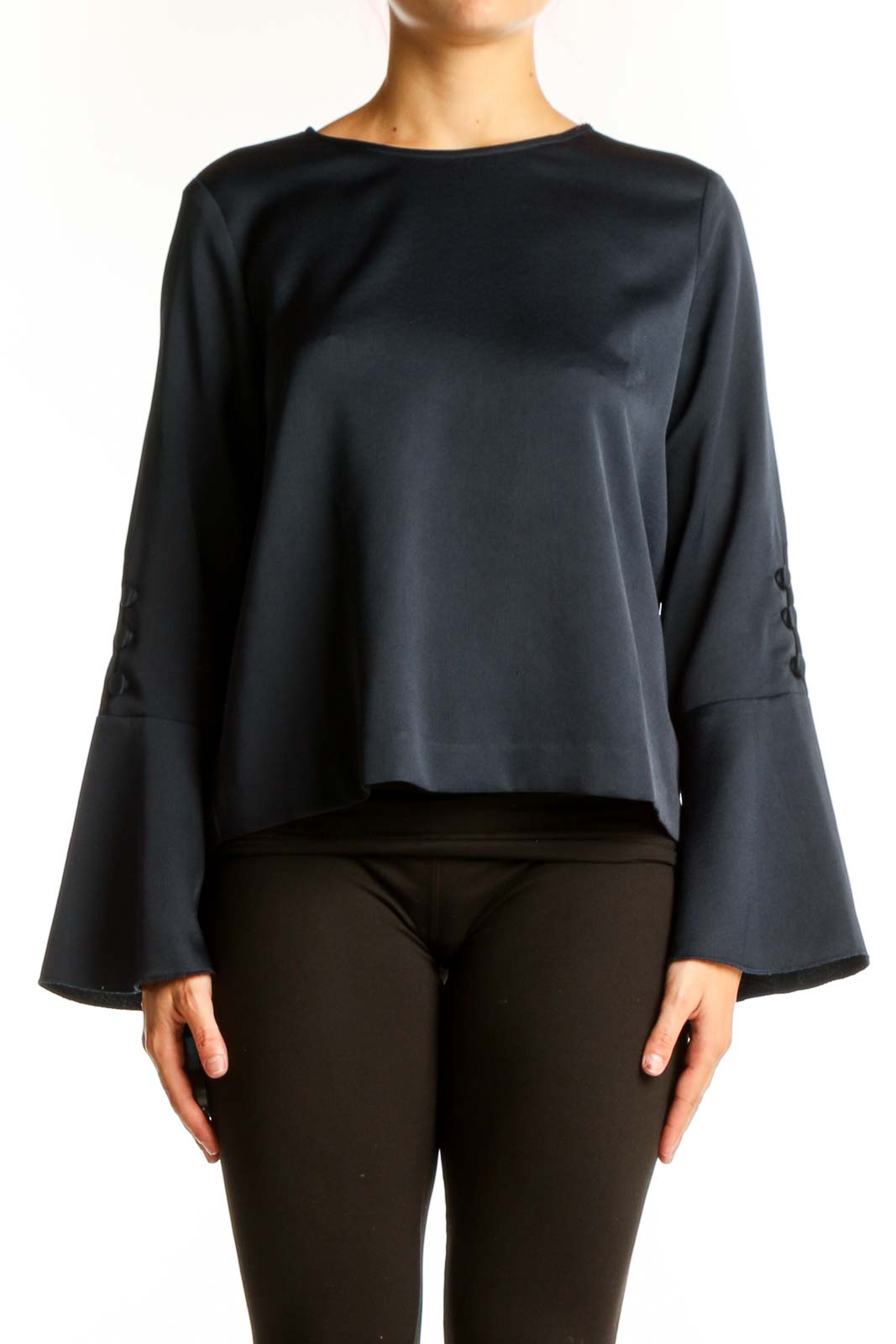 Front view of Vince Camuto navy blouse with bell sleeves
