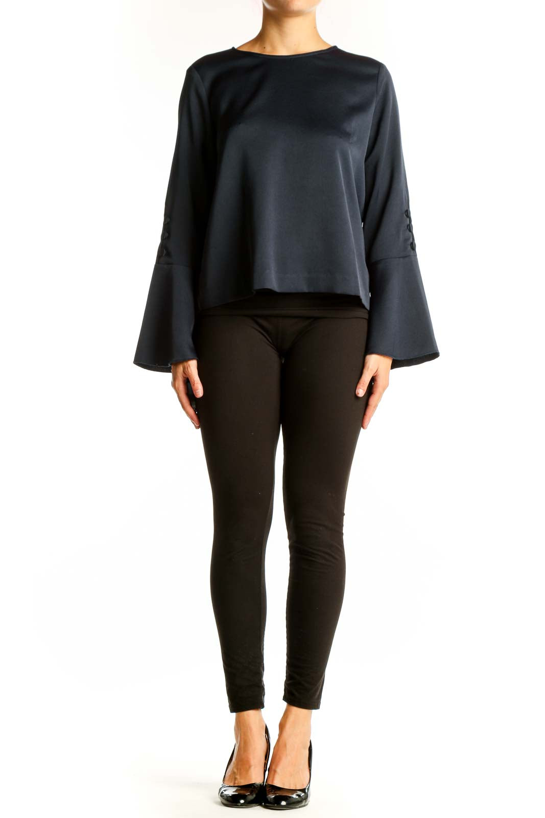 Front view of Vince Camuto navy blouse with bell sleeves