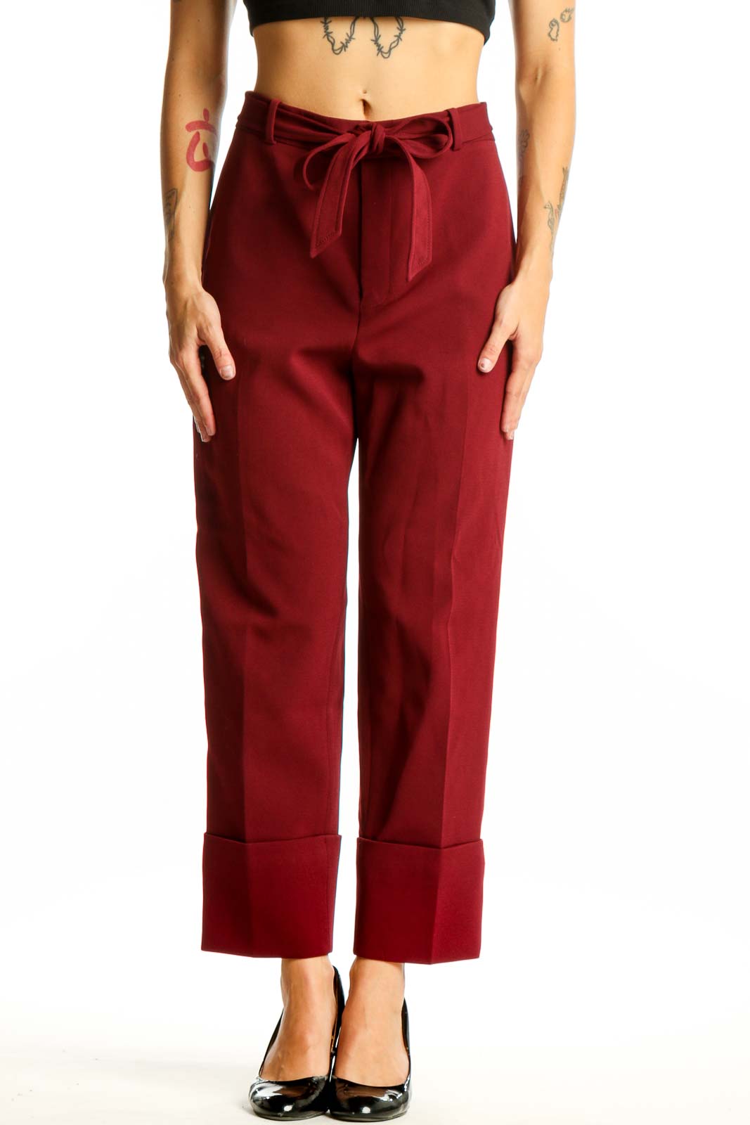 Front view of burgundy wide-leg trousers with tie belt from Club Monaco