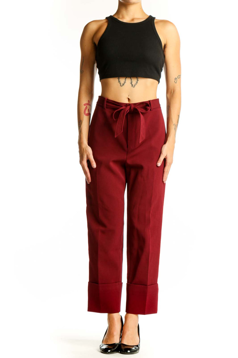 Front view of burgundy wide-leg trousers with tie belt from Club Monaco