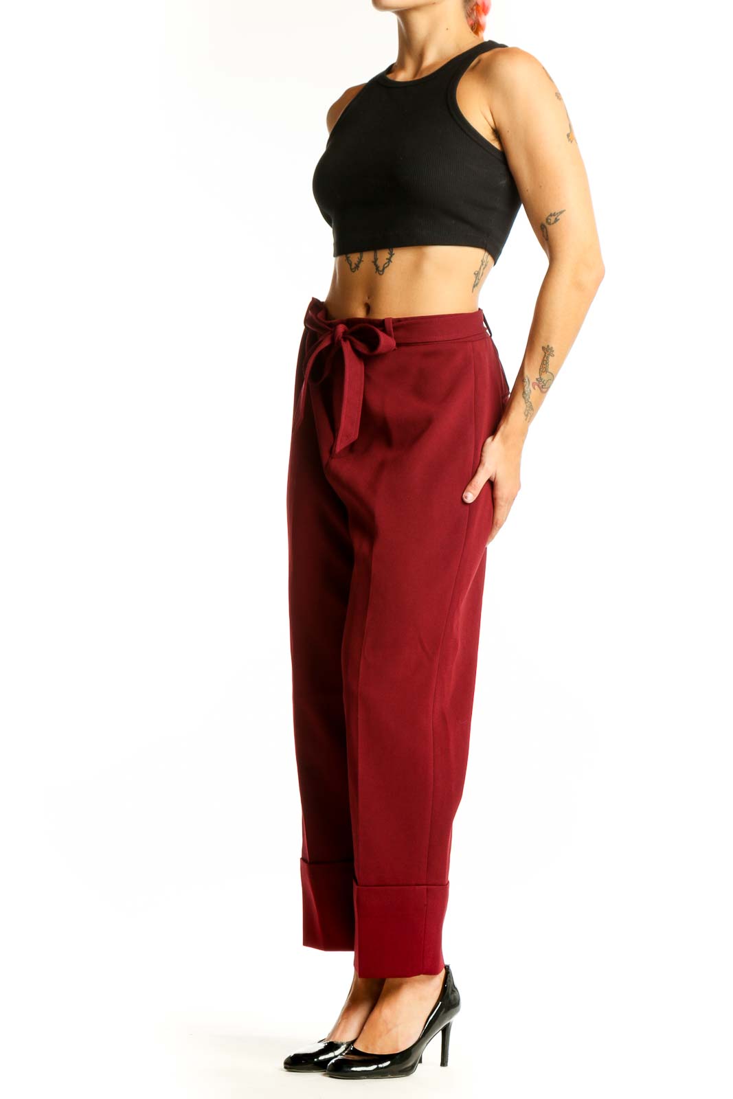 Front view of burgundy wide-leg trousers with tie belt from Club Monaco