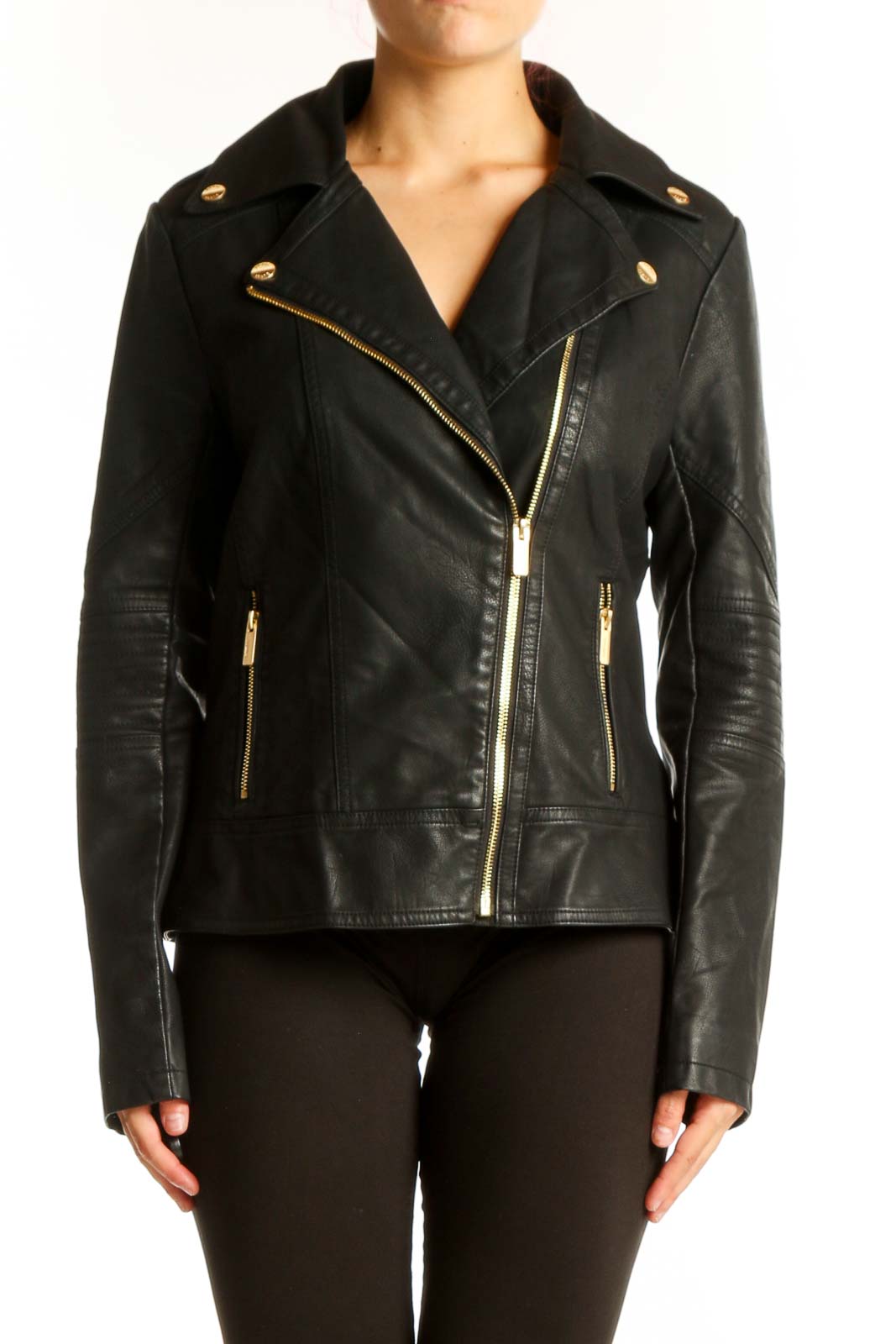 Front view of black Guess faux leather moto jacket with gold-tone hardware