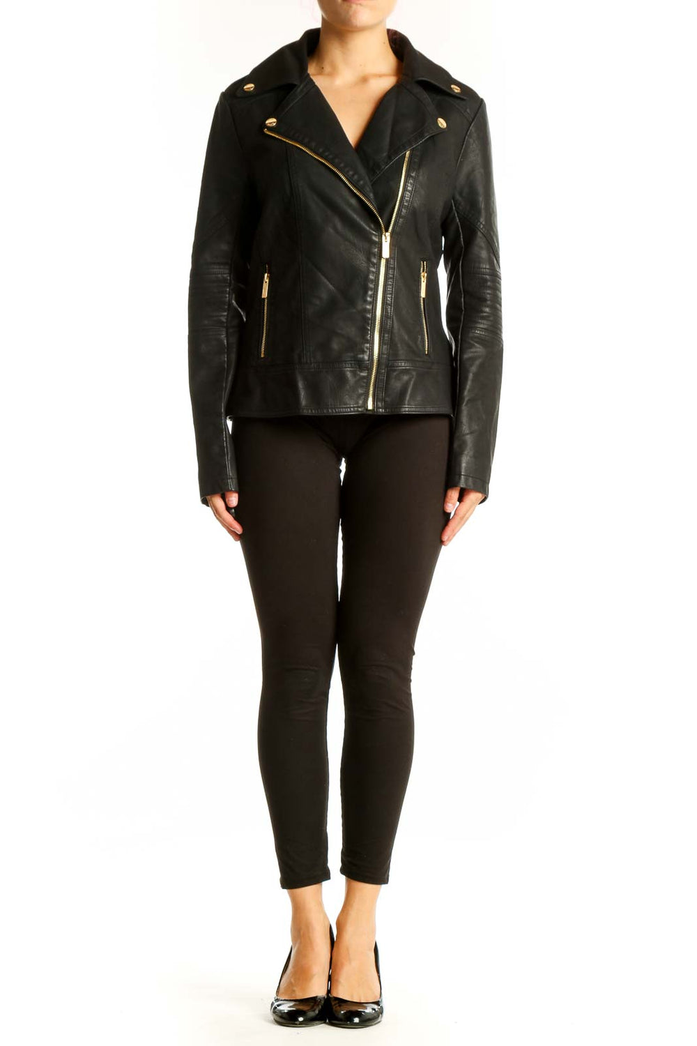 Front view of black Guess faux leather moto jacket with gold-tone hardware