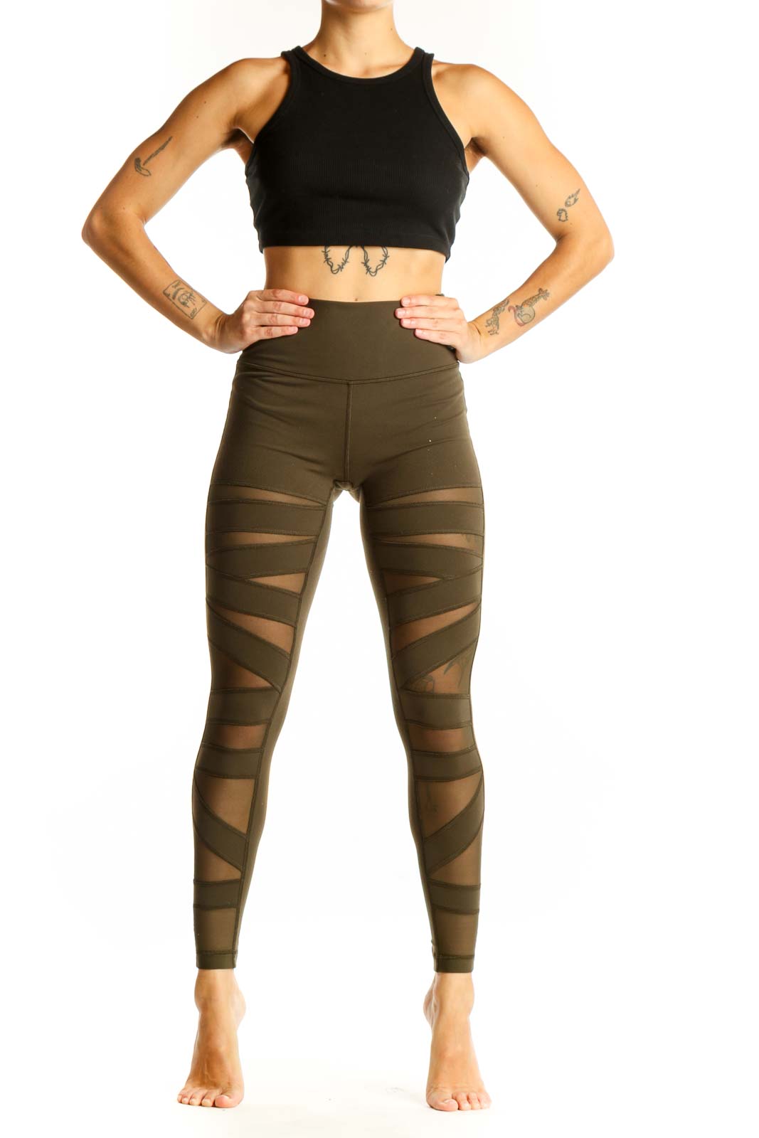 Front view of Lululemon olive mesh panel high-waisted leggings