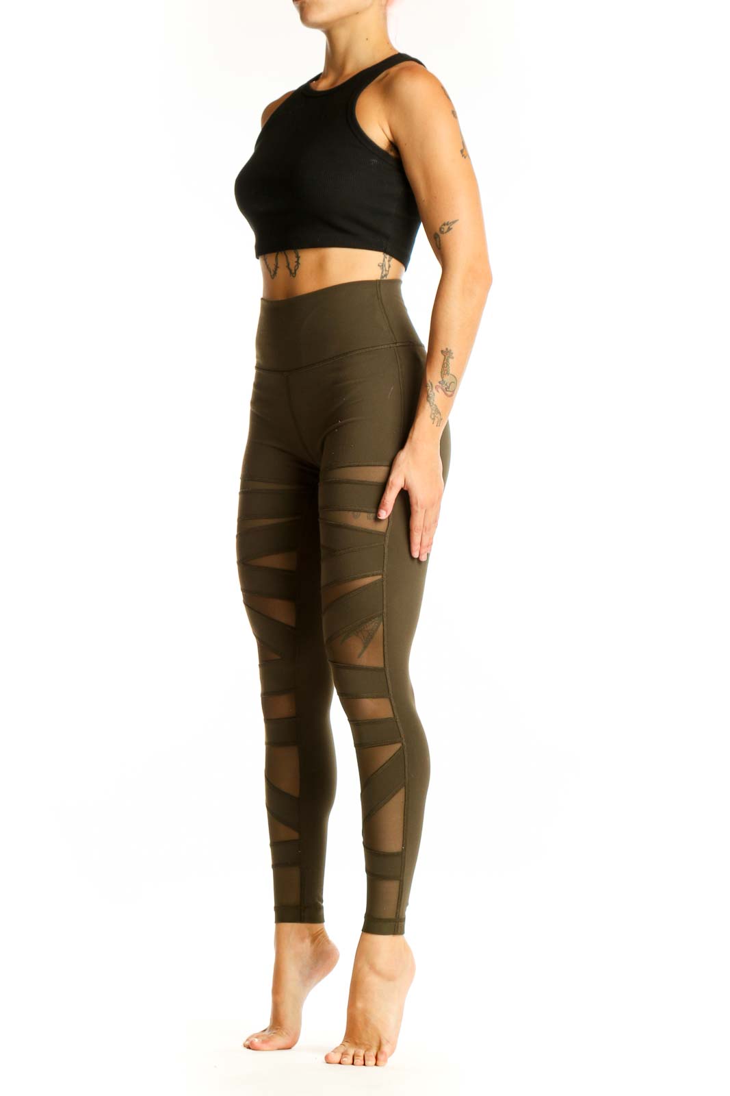 Front view of Lululemon olive mesh panel high-waisted leggings