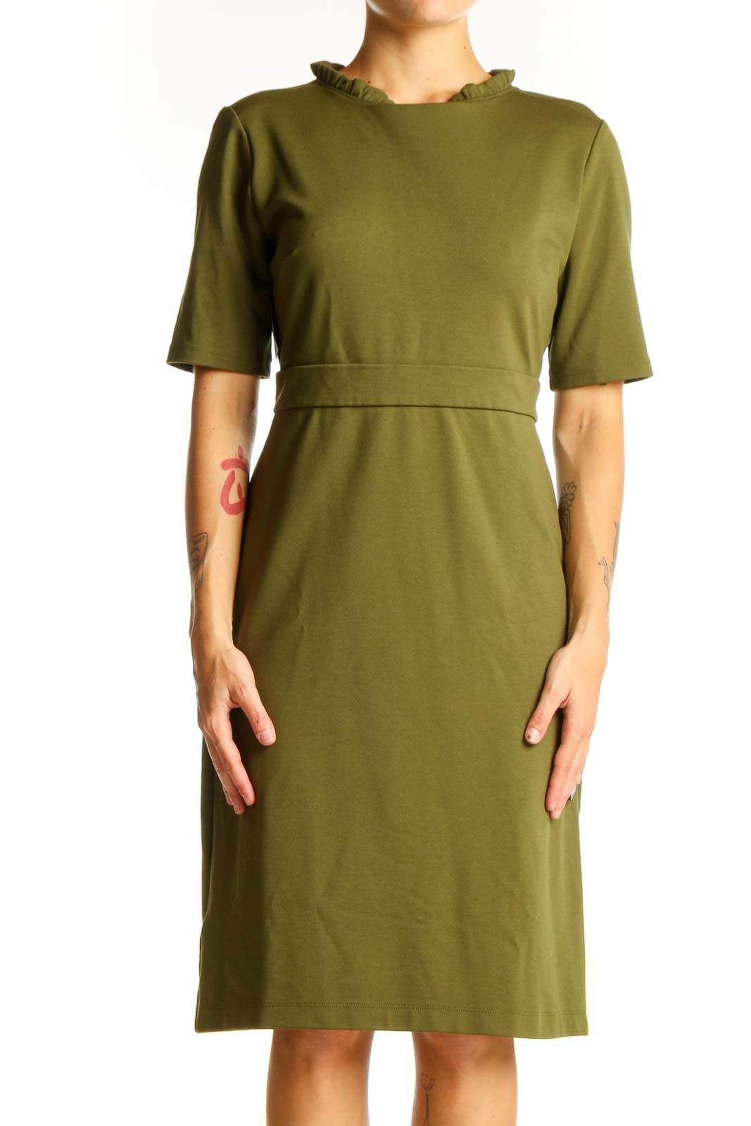 Front view of Ann Taylor olive sheath dress with ruffle neckline