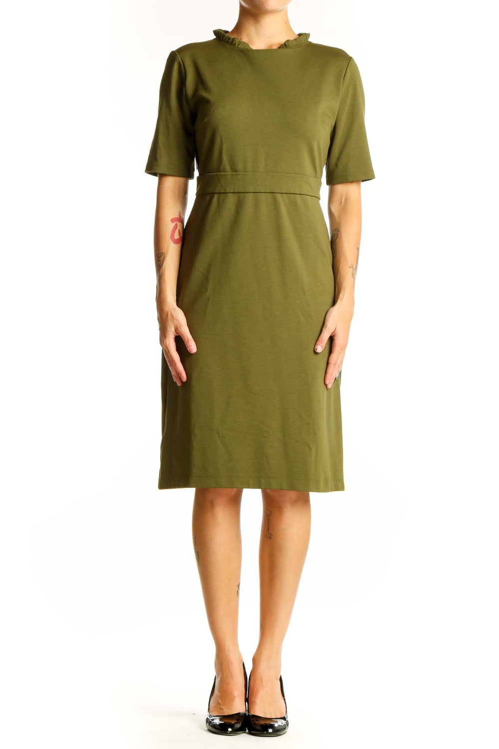 Front view of Ann Taylor olive sheath dress with ruffle neckline