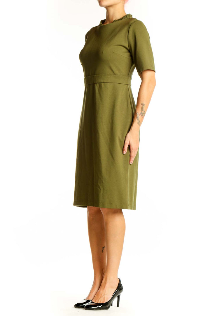 Front view of Ann Taylor olive sheath dress with ruffle neckline
