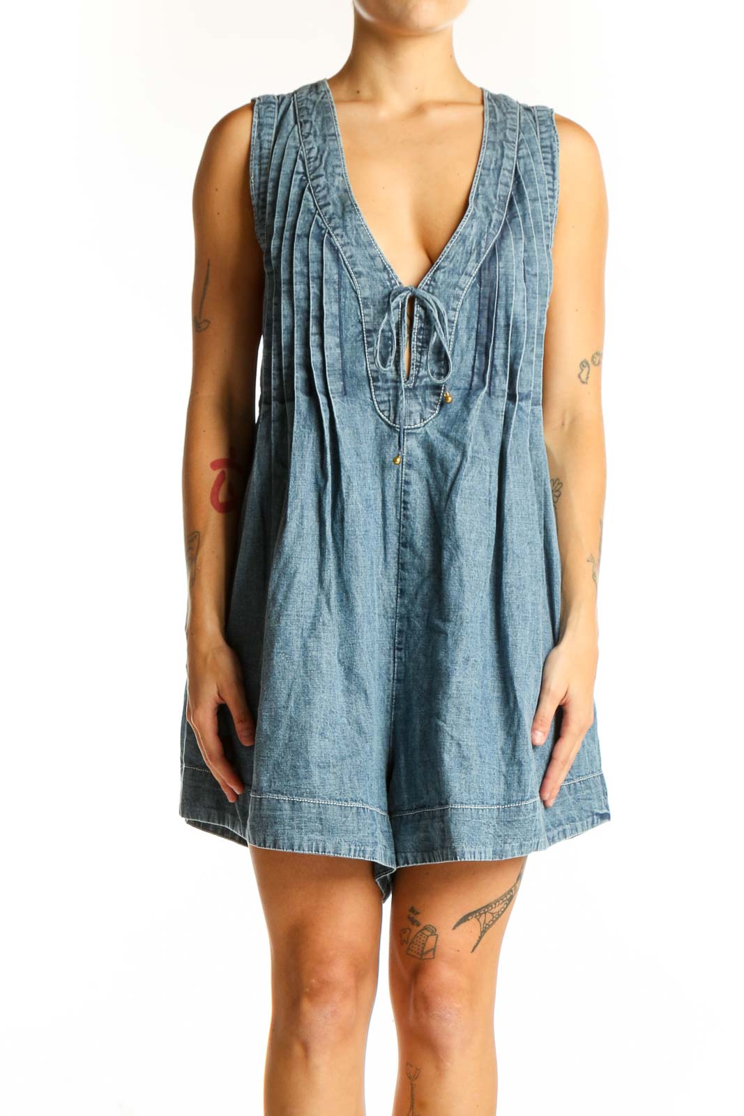 Front view of Free People Blue Denim Pleated V-Neck Romper
