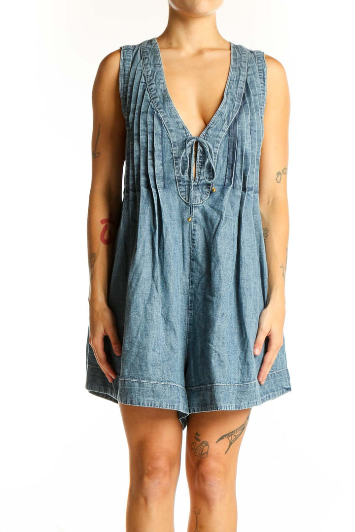 Front view of Free People Blue Denim Pleated V-Neck Romper