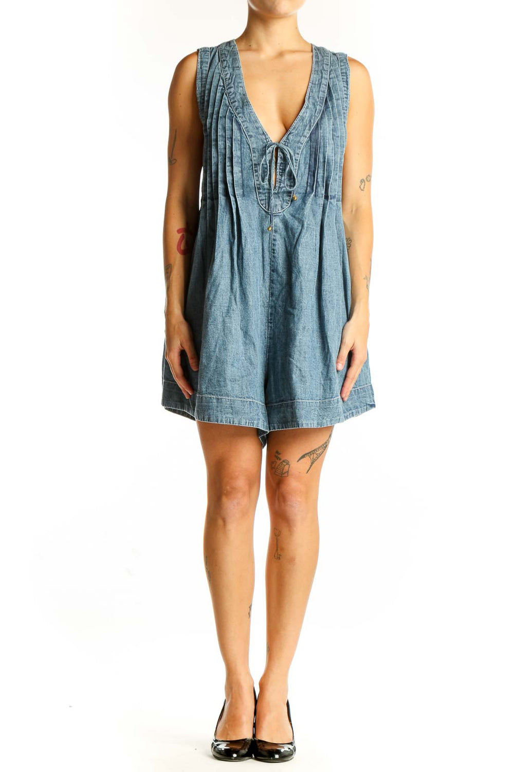 Front view of Free People Blue Denim Pleated V-Neck Romper